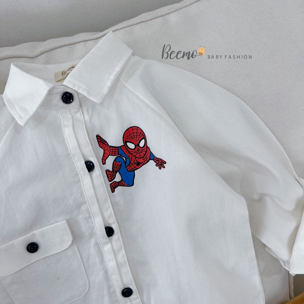 Áo sơ mi dài tay Beemo in hình người nhện phối túi vải thô mặc đi học, sự kiện 2 màu cho bé trai từ 1 đến 6 tuổi 22145A2