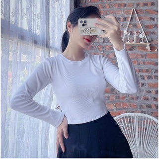 Áo thun croptop body nữ dài tay cổ tròn madela vải co giãn, croptop cổ tròn dài tay nữ