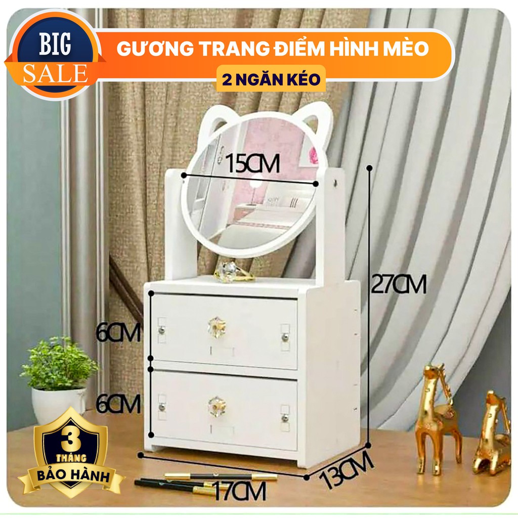 Tủ đựng mỹ phẩm mini,hộp đựng trang sức 2 ngăn kéo kèm gương hình tai mèo