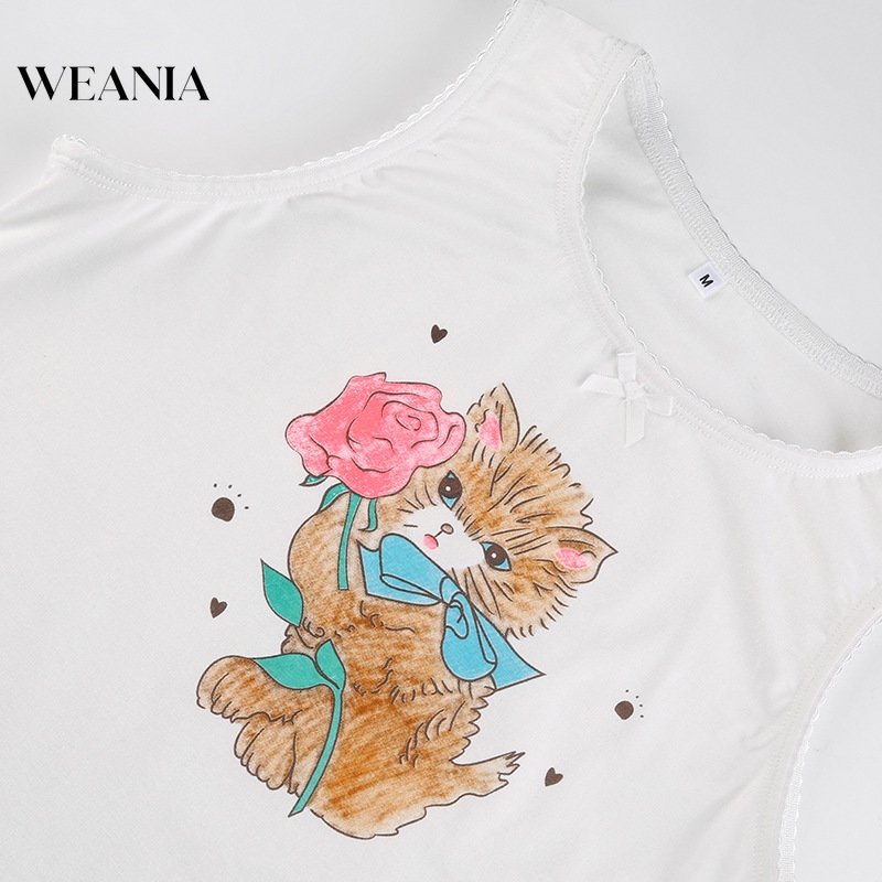 Áo Tank Top Phối Ren In Hình Mèo Dễ Thương Cho Nữ