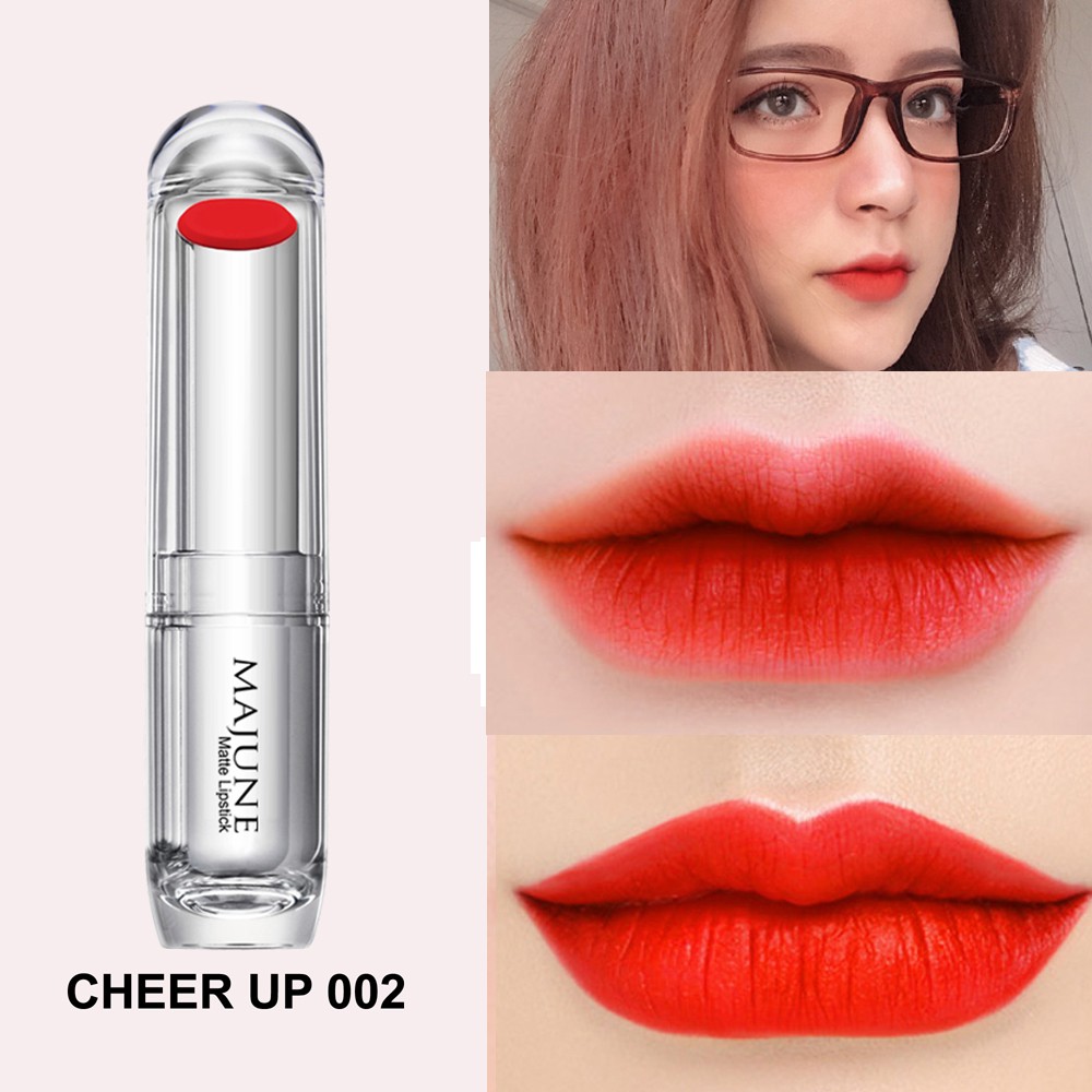 Combo 1 son môi đỏ cam lâu trôi mềm mịn Majune Matte Việt nam 3.5g/cây SỐ 02 Và 1 gói tẩy da chết Beauskin Hàn 3ml/gói