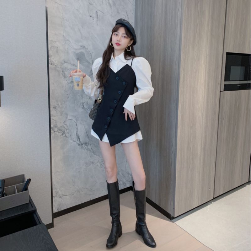 ĐẦM VEST 2 DÂY VỚI ÁO SƠ MI TRẮNG TAY DÀI BIGSIZE