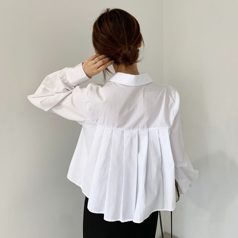 Áo Sơ Mi Tay Dài Dáng Rộng Lưng Xếp Ly Thiết Kế Lệch Tà Dễ Thương
