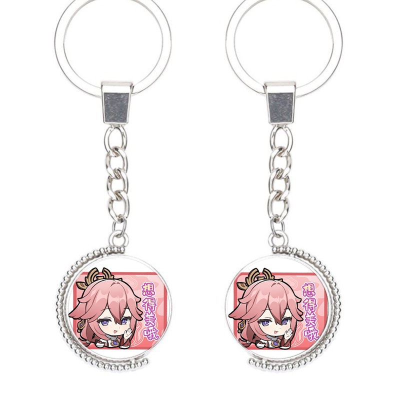 (Viền tròn) Móc khóa tròn kim loại hình GENSHIN IMPACT ver CHỮ NHẬT game anime chibi xinh xắn độc đáo