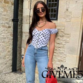 Áo Croptop Trễ Vai Hoạ Tiết Chấm Bi Phong Cách Retro