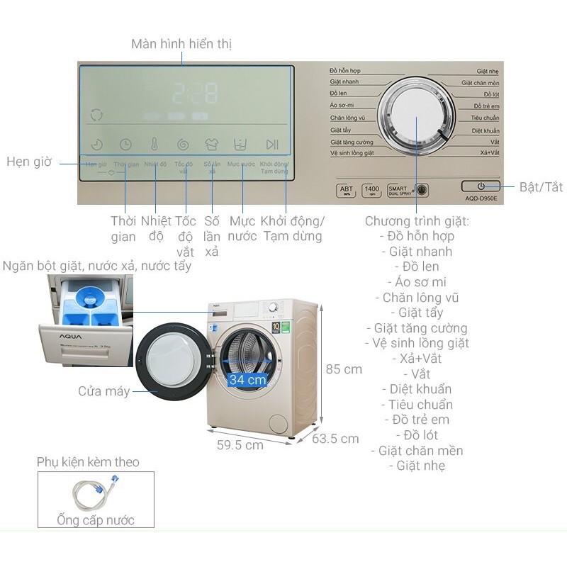 Máy giặt AQUA inverter 9.5 kg AQD-D950E N( Hàng mẫu trưng bày  NEW Bảo hành chính hãng 2 năm)