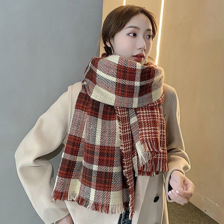 Khăn quàng sọc ca rô hai mặt dày dặn giữ ấm thời trang mùa đông Hàn Quốc cho nữ
