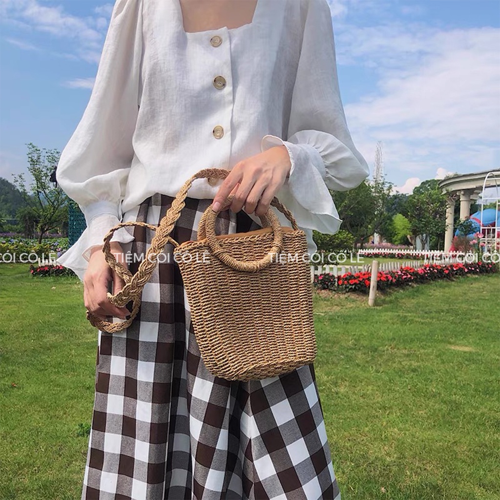 Túi cói đi biển dáng hộp đính nơ ren phong cách retro - Tiệm Cói Cô Lê