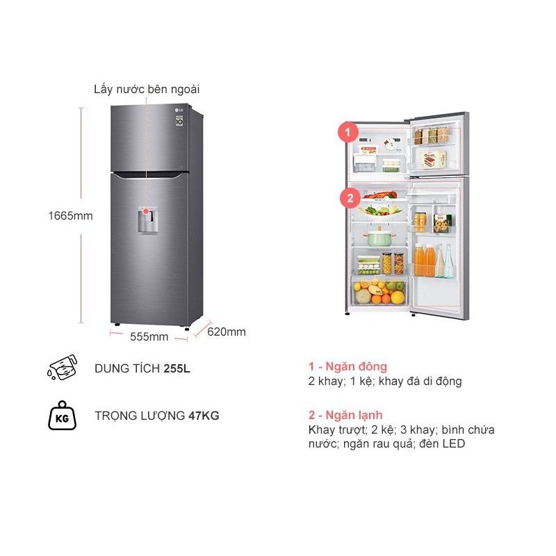 Tủ lạnh LG Inverter 255 lít GN-D255PS - Lấy nước bên ngoài, Bảo hành 24 tháng, sản xuất Indonesia, giao miễn phí HCM