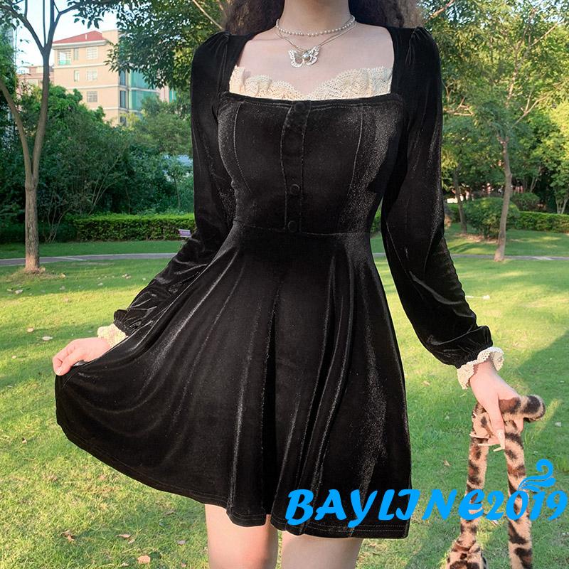 Đầm tay dài cổ vuông dáng chữ A màu đen phối ren thời trang cho nữ