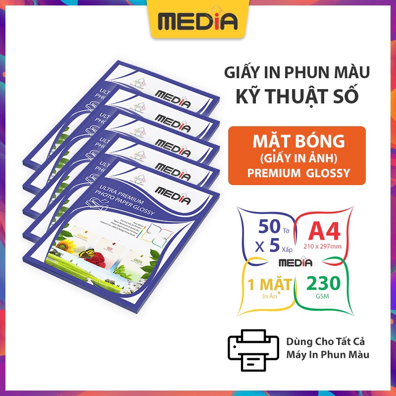 Bộ 5 Xấp Giấy In Ảnh Media 1 Mặt Bóng A4 230gsm 50 Tờ x 5