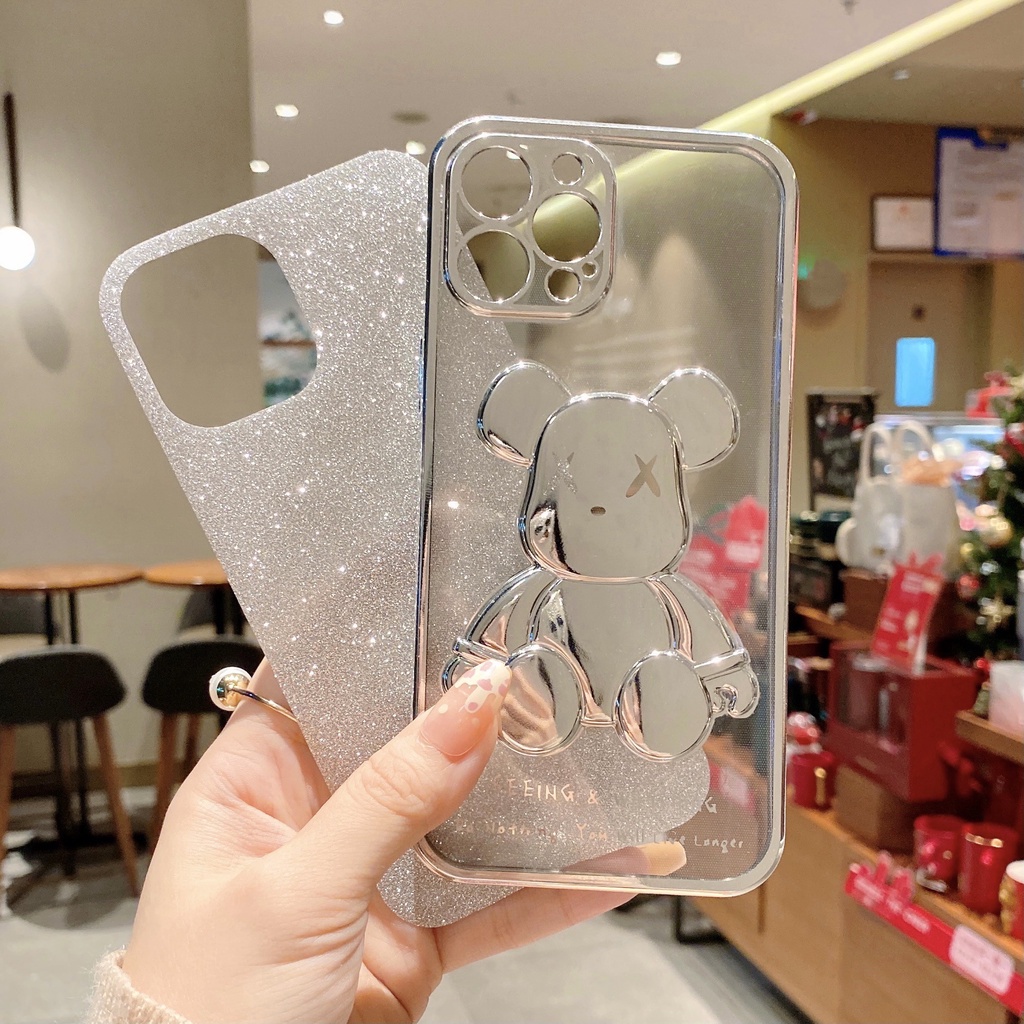 Ốp lưng iphone gấu KAWS kim tuyến bóng nổi 3D viền sicạnh vuông 7plus/8plus/x/xr/xs/11/12/13 pro/max/plus/promax