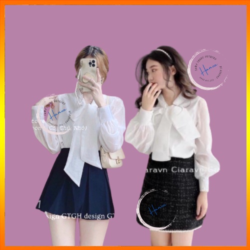 Áo Sơ Mi Kiểu Hàn Quốc Tay Voan Nhẹ Nhàng Cổ Thắt Nơ Cúc Ngọc Freesize Phong Cách Tiểu Thư Nhẹ Nhàng Hanva