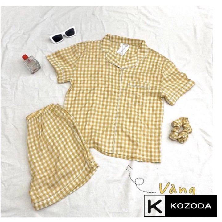 Set Pijama kẻ caro kèm scrunchies siêu xinh, Bộ đồ kẻ kèm chun buộc tóc mặc đi chơi mặc ở nhà đẹp dáng tôn da Kozoda M54