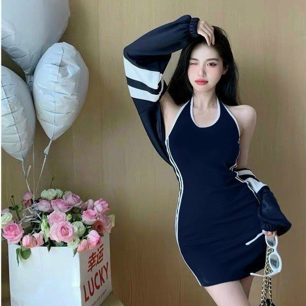 Đầm body nữ cổ yếm dáng ngắn kèm áo khoác phối sọc kiểu dáng thể thao hàn quốc cá tính B1112
