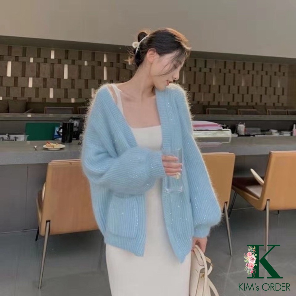 Áo len cadigan nữ màu be xanh kim tuyến dài tay dáng rộng style tiểu thư Hàn Quốc nữ tính, thanh lịch, có bigsize | WebRaoVat - webraovat.net.vn