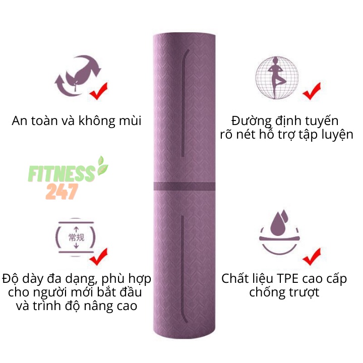 Thảm Yoga TPE Chống Trượt, Thảm Tập Yoga Gym Định Tuyến Cao Cấp Dày 6mm, 8mm Tập Tại Nhà (Tặng kèm túi)