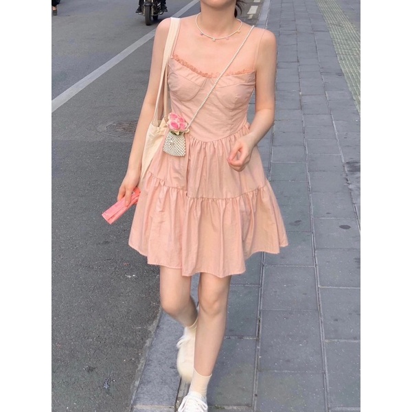 Váy 2 dây dành cho nữ điệu đà.Đầm 2 dây dáng xoè siêu xinh màu hồng nhẹ nhàng dịu dàng cho nữ 2022
