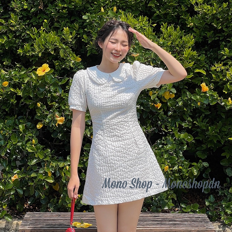 Đầm gấm xốp cổ sen tay bồng bo viền Ảnh thật/ sẵn