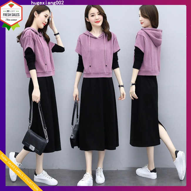 Set 2 Món Áo Hoodie Không Tay Phối Chân Váy Thời Trang Cho Nữ