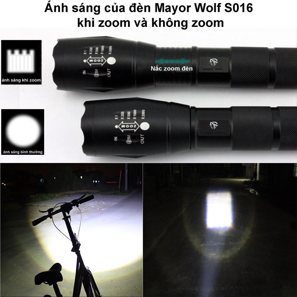 Đèn Pin siêu sáng S016 chuẩn MAYOR WOLF Led Cree XML T6 Hợp Kim Chống Nước Pin Sạc Lại Full box (Loại 1)