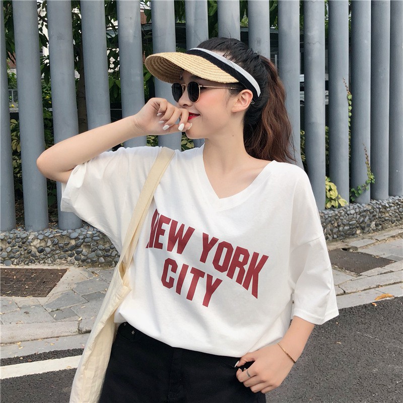 Áo Thun Cotton Tay Lỡ New York City Trắng Phong Cách Điệu Đà