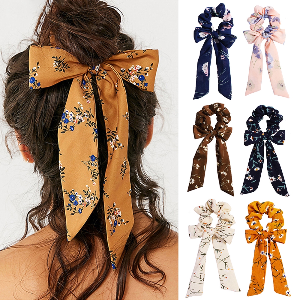 MOILY Sweet Bow Streamers Hair Ring Fashion Floral Print Ribbon Scrunchie Elastic Horsetail Headbands
