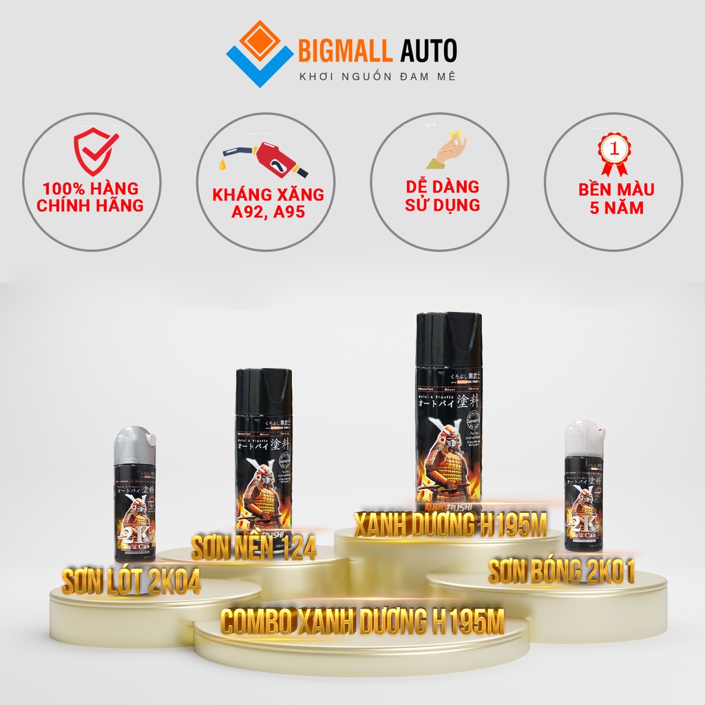 Combo Sơn Samurai màu xanh dương Honda H195M - 2K chuẩn quy trình độ bền 5 năm gồm 4 chai 2K04 - 124 - H195M - 2K01