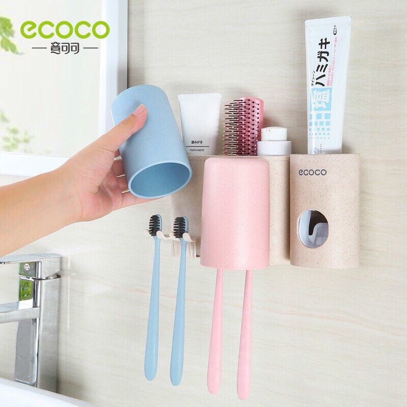 Giá để bàn chải, kem đánh răng 2 cốc kèm nặn kem tự động Ecoco