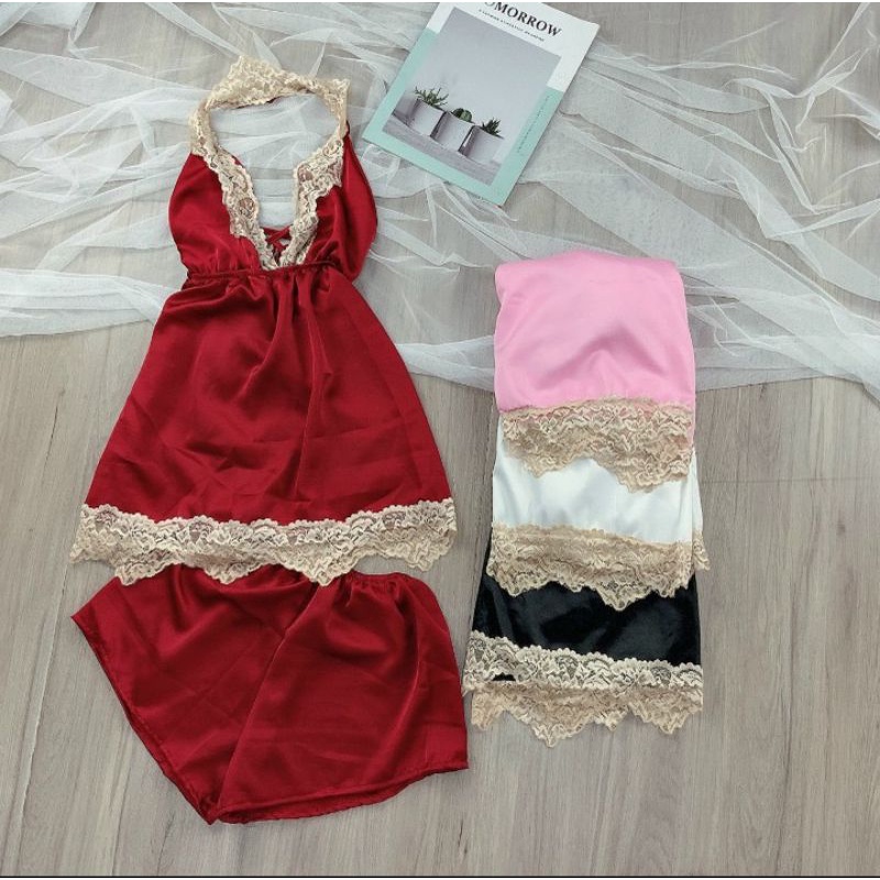 Sét đầm ngủ + quần chất phi lụa hàng y hình kèm ảnh thật chính chủ ( size dưới 53kg)