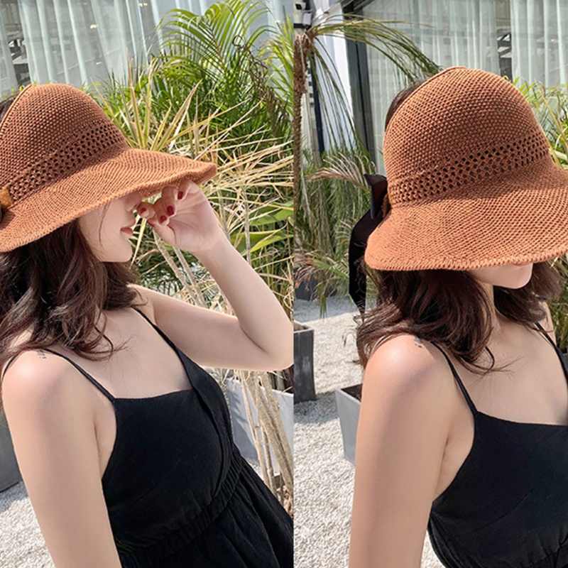 Xiangbao Mũ Vành Rộng Chống Nắng Đi Biển Mùa Hè Có Thể Cuộn Lại Phối Lưới Thắt Nơ Ngọt Ngào Cho Nữ