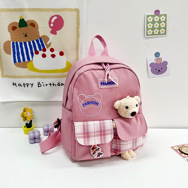 Balo mẫu mới cho bé kèm gấu đính trên cặp siêu cute, Hàng Quảng Châu Cao Cấp