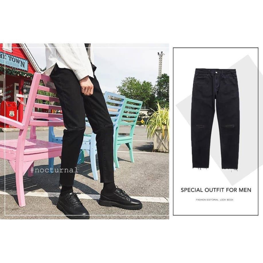 6/6 9 Jean cao cấp)Quần Jeans Đen Xả Lai Rách Gối Unisex ( jean co giãn tốt ) , '