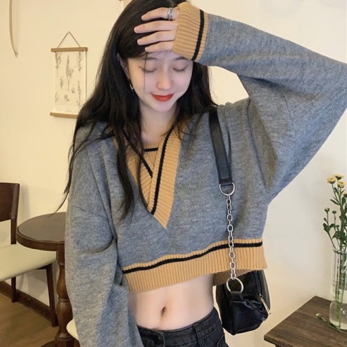 Áo Sweater Dệt Kim Cổ Chữ V Dáng Rộng Màu Sắc Tương Phản Thời Trang Cho Nữ