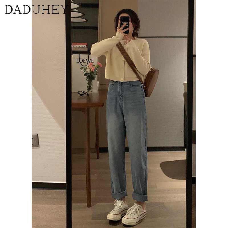 Daduhey Quần jean nữ ống rộng cạp cao cá tính thời trang mùa thu
