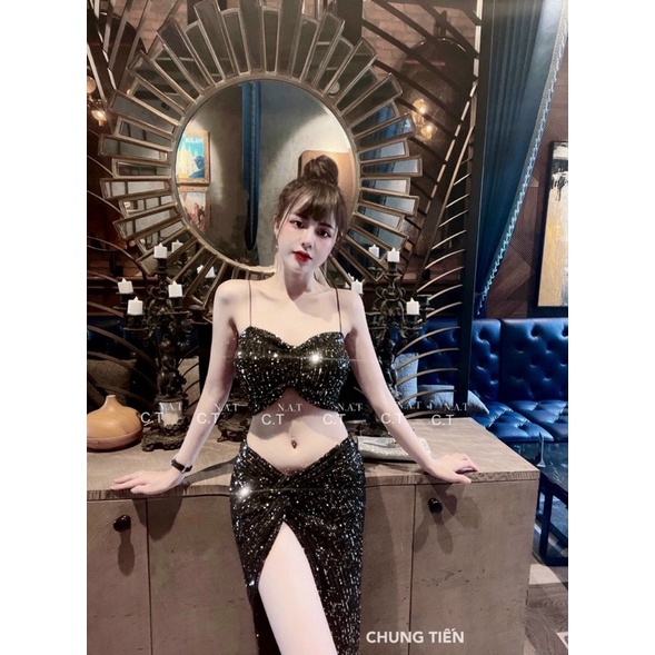 Set Váy Kim Sa Xẻ Tà, Đầm Hai Dây Dự Tiệc Bling Bling