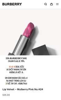 SON 𝘽𝙐𝙍𝘽𝙀𝙍𝙍𝙔 sang chảnh 𝐒𝐀𝐋𝐄 70% store Mỹ