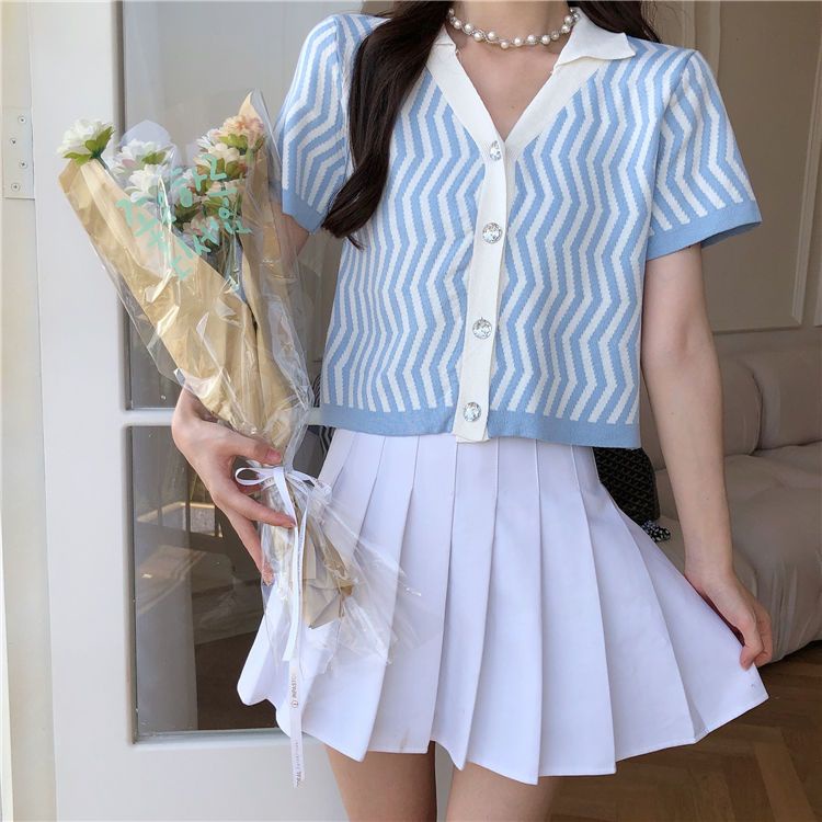 Áo cardigan Dệt Kim Mỏng Cổ POLO Ngắn Tay Họa Tiết Kẻ Sọc Cho Nữ JL-TX-514