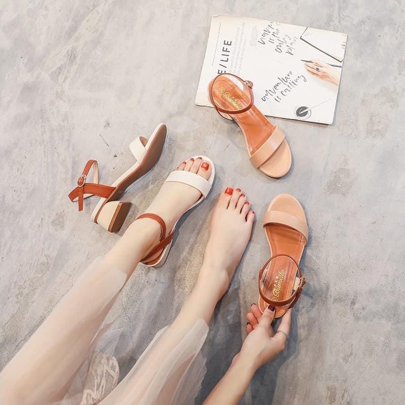 Dép sandal cao gót nữ  giày cao gót 3p quai ngang chất da mềm phối màu phong cách hàn quốc
