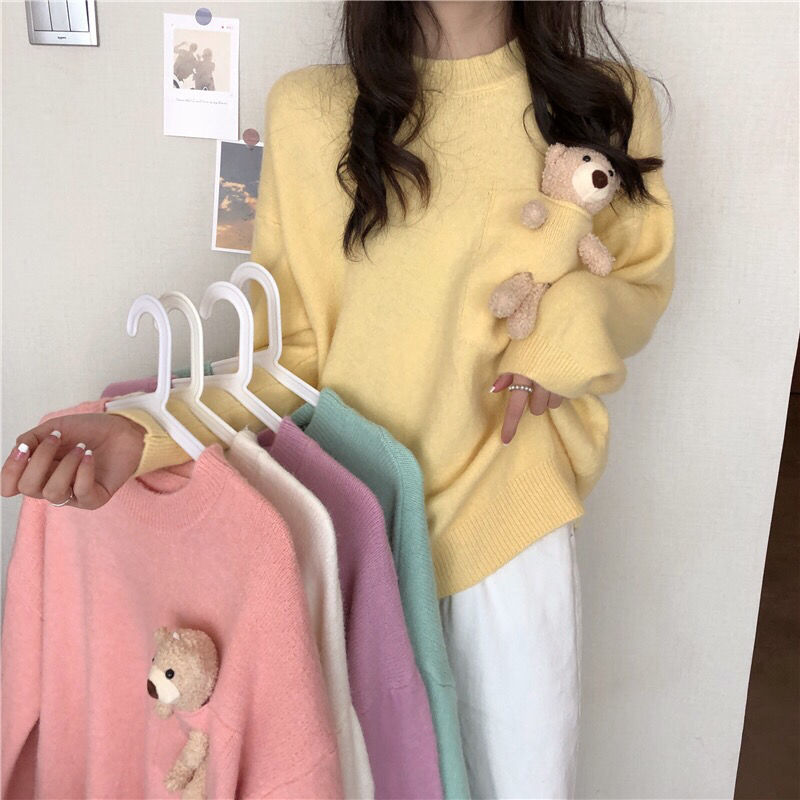 Áo Sweater Dệt Kim Chui Đầu Dáng Rộng Phối Túi In Hình Gấu Kiểu Hàn Quốc Thời Trang Mùa Thu 2020 Cho Nữ