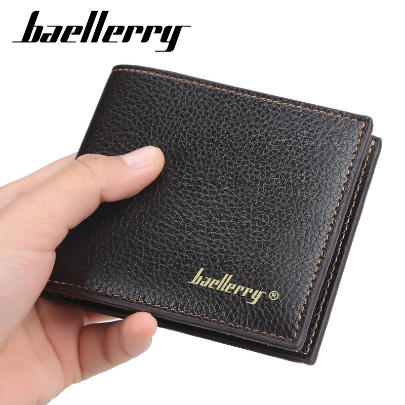 「COD」Baellerry Men's Short Wallet Korean Version of The Lychee Pattern Open Wallet Simple Leather Wallet