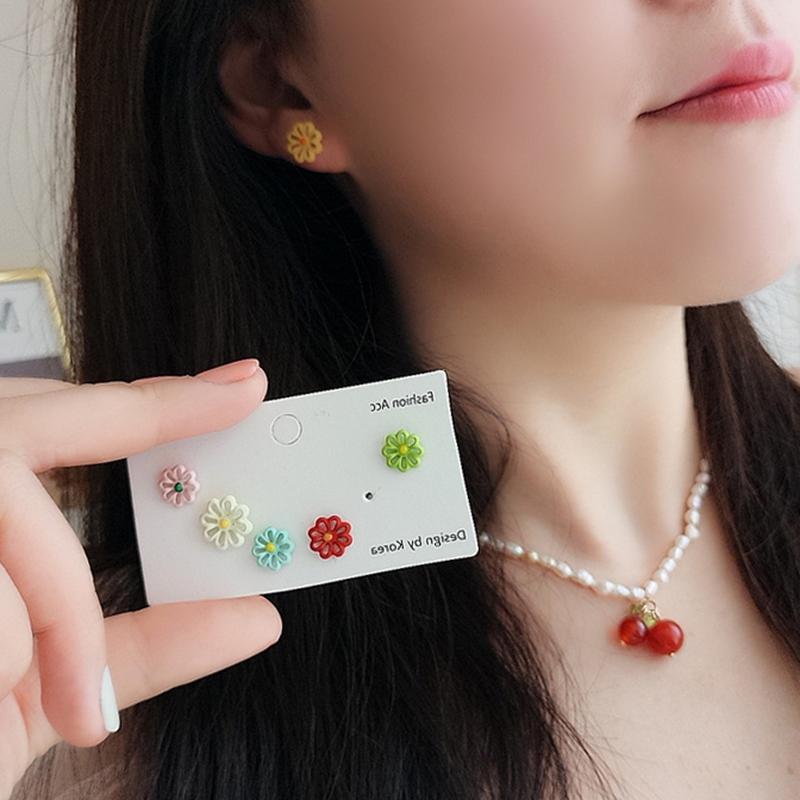 [WHOLESALE] [6Pcs Set Women Fashion Cute Cartoon Candy Color Button Bear Flower Mickey Stud Earrings ] [Ladies Elegant Studs Earrings] [Korean INS Simple Style Bridal Wedding Party Ear Jewelry]