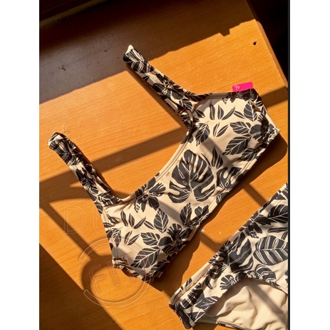 Bikini Đồ Bơi Đi Biển 2 Mảnh hở lưng cài khóa sát nách cổ vuông chữ U nâu nhạt Họa Tiết Lá Cọ sexy Quyến rũ