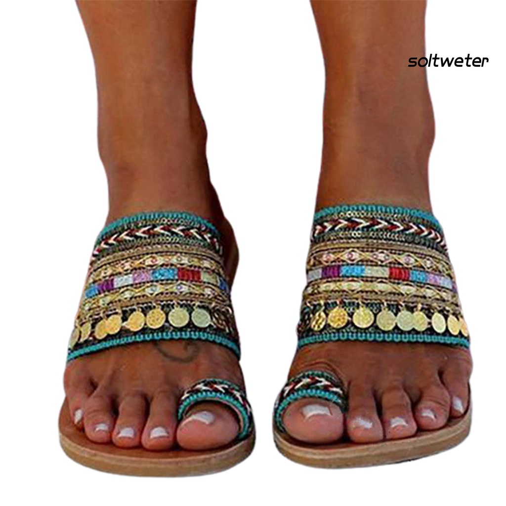 Dép sandal xỏ ngón đế bằng chống trượt phối tua rua phong cách Bohemian thời trang đi biển cho nữ