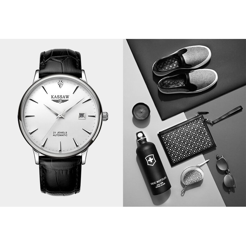 Đồng hồ nam chính hãng KASSAW K865-2 Kính sapphire ,chống xước,Chống nước ,BH 24 tháng,Máy cơ (Automatic) ,dây da đen