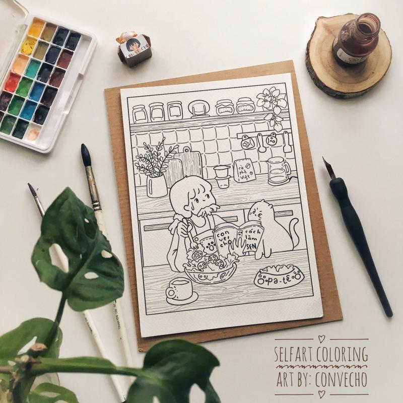Postcard tô màu Sống với hoàng thượng - convecho 5 tranh A5 A6, giấy vẽ 300gsm