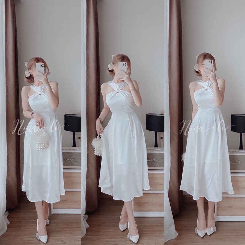 Đầm lụa dáng dài xoắn chữ X