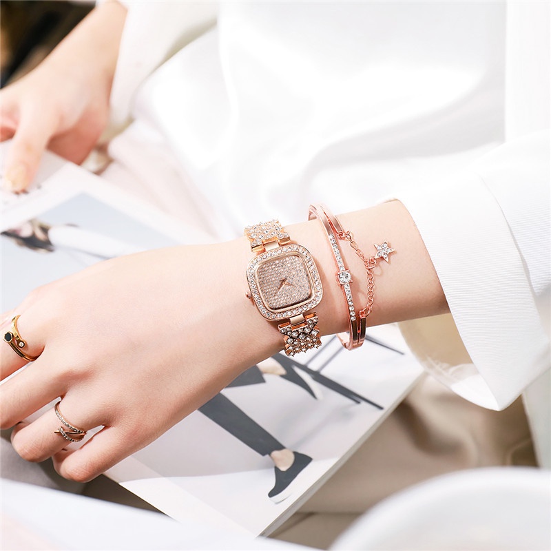 Đồng Hồ Quartz Nữ Mặt Vuông Đính Hột Xoàn Dây Thép Không Gỉ Thời Trang