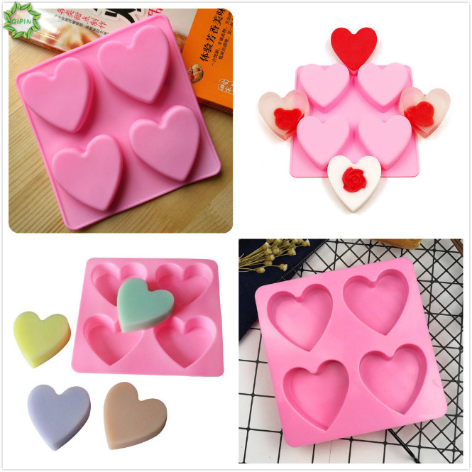 1 Khuôn Làm Bánh Hình Trái Tim 4 Lỗ Bằng Silicon