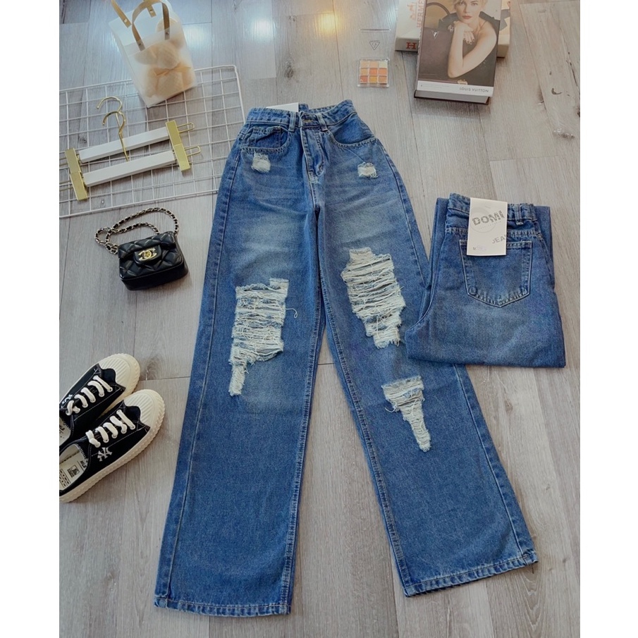 [ OR2N24 ] QUẦN JEANS ỐNG RỘNG NỮ LƯNG CAO MÀU XANH ĐẬM RÂU MÈO RÁCH NHIỀU ĐÙI LAI CUỐN KHUẤY ĐỘNG MỌI ÁNH NHÌN CAO CẤP